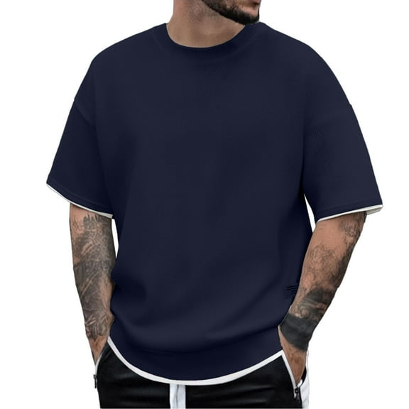 Men's Knit Layered T-Shirt Summer Casual Crew Neck Short Sleeve Tee with Stretch Fabric for Daily Wear Men's Loose Fit Shirt Summer Oversized Button Tee