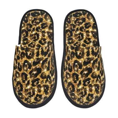 Balery Gold Glitter Leopard Slient Indoor Furry Fleece Comfort House Shoes Soft Non-Slip Home Shoes Cotton slippers House Slippers-- Medium