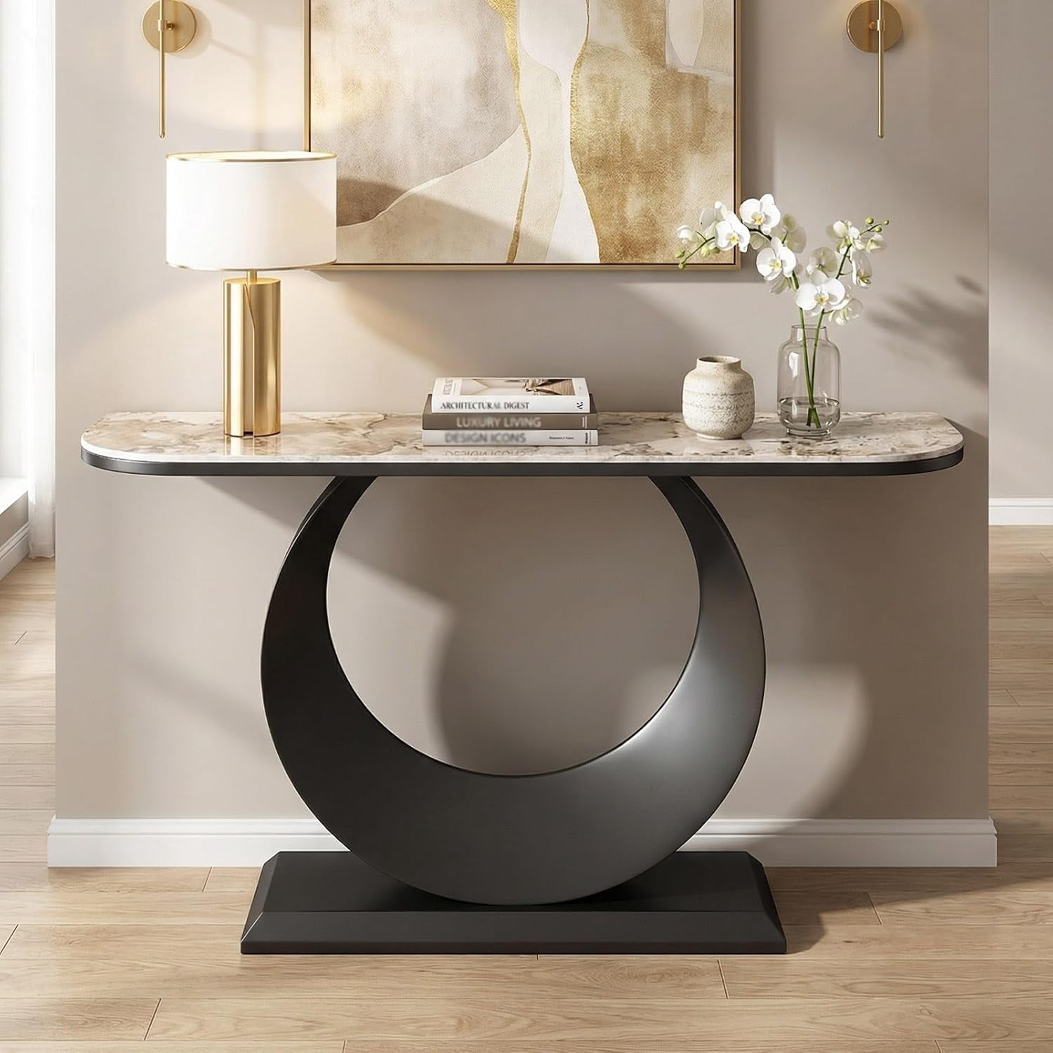 Modern Faux Marble Console Table Luxury Entryway Table with Sculptural Metal Base, Narrow Sofa Table Behind Couch for Living Room, Hallway, Foyer