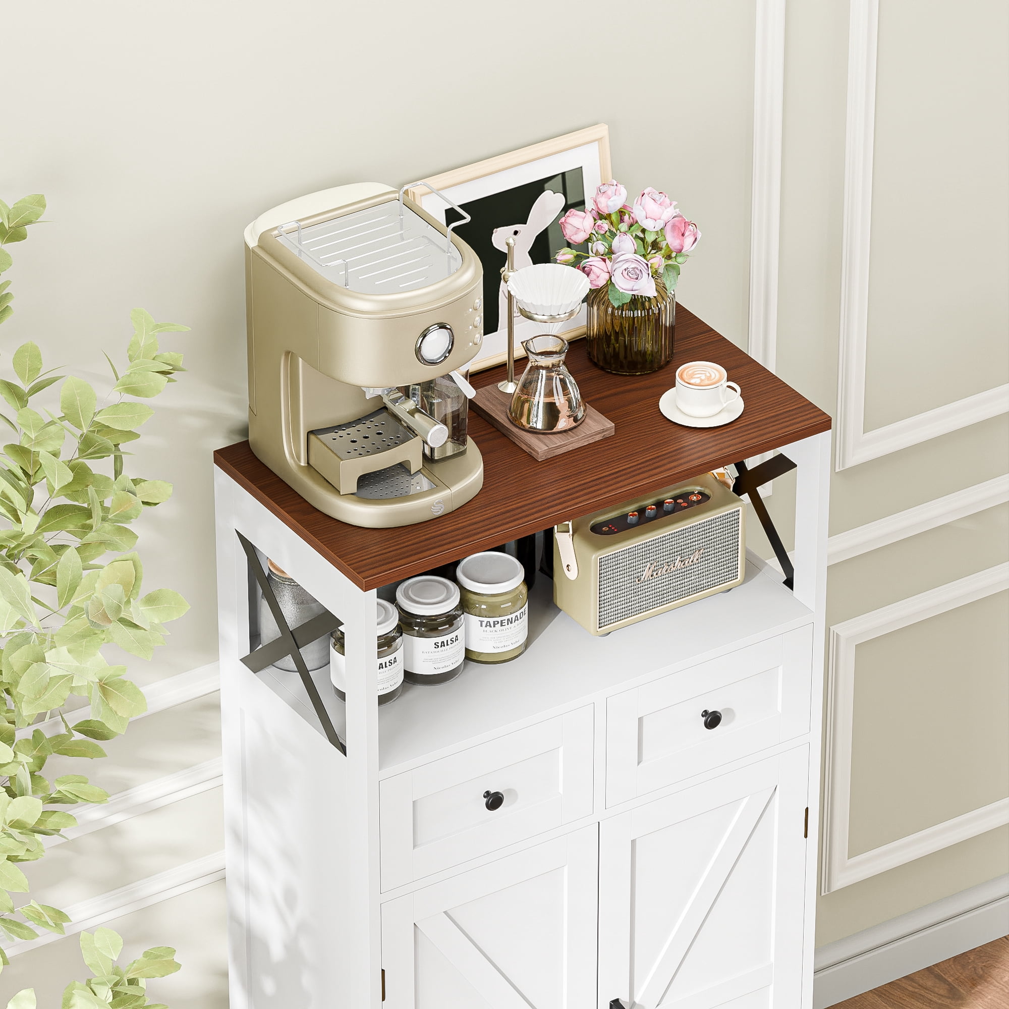 HomGarden Floor Storage Cabinet Large Farmhouse Kitchen Pantry Cabinet W/Drawers & Doors & Shelves for Home, Bathroom, Entryway, Living Room, White