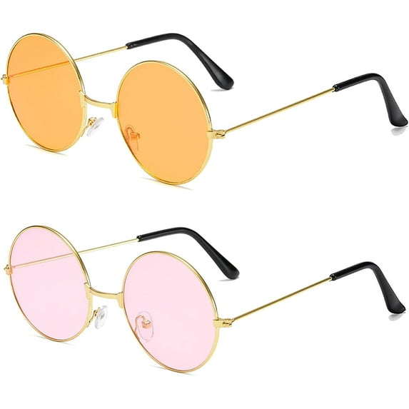 2 PCS Hippy Specs Sunglasses, Metal Round Frame Sunglasses Circle Retro Glasses Vintage Sunglasses Round Hippie Glasses Festival Sunglasses Disco Glasses Fancy Dress Sunglasses Colored Lens Sunglasses