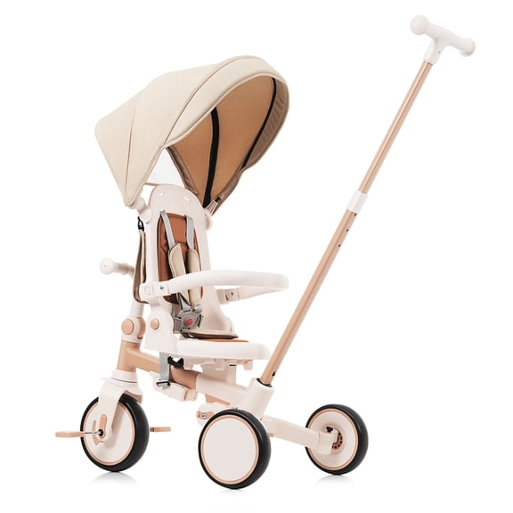 7 in 1 Baby Tricycle, Foldable Toddler Tricycle with Removable and Adjustable Parent Handle, Toddler Push Bike with Removable Pedal, Canopy, and Guardrail, Tricycle for 12-72 Months, light brown