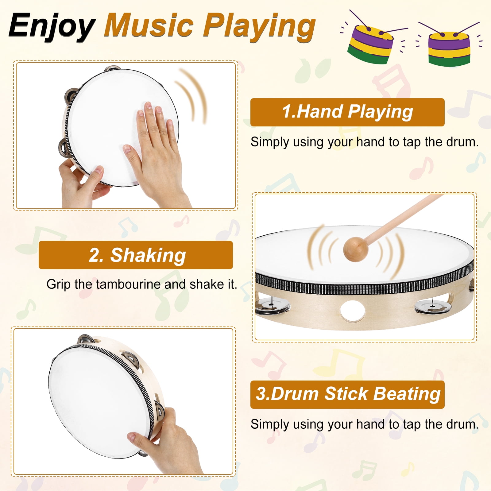 Uxcell 1 Pcs Tambourine Drum 10 Inch Wood Hand Held Tambourine Single Row Metal Jingle Percussion Musical Drum Instrument for Adults Church Wedding Party Games, Wood Color
