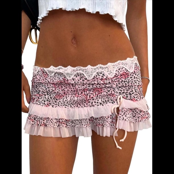 Minifalda de Encaje Y2K para Mujer, de Tiro Bajo, con Estampado de Leopardo, con Volantes en Contraste, Corta y Holgada, Estilo Enagua. Rosa XL