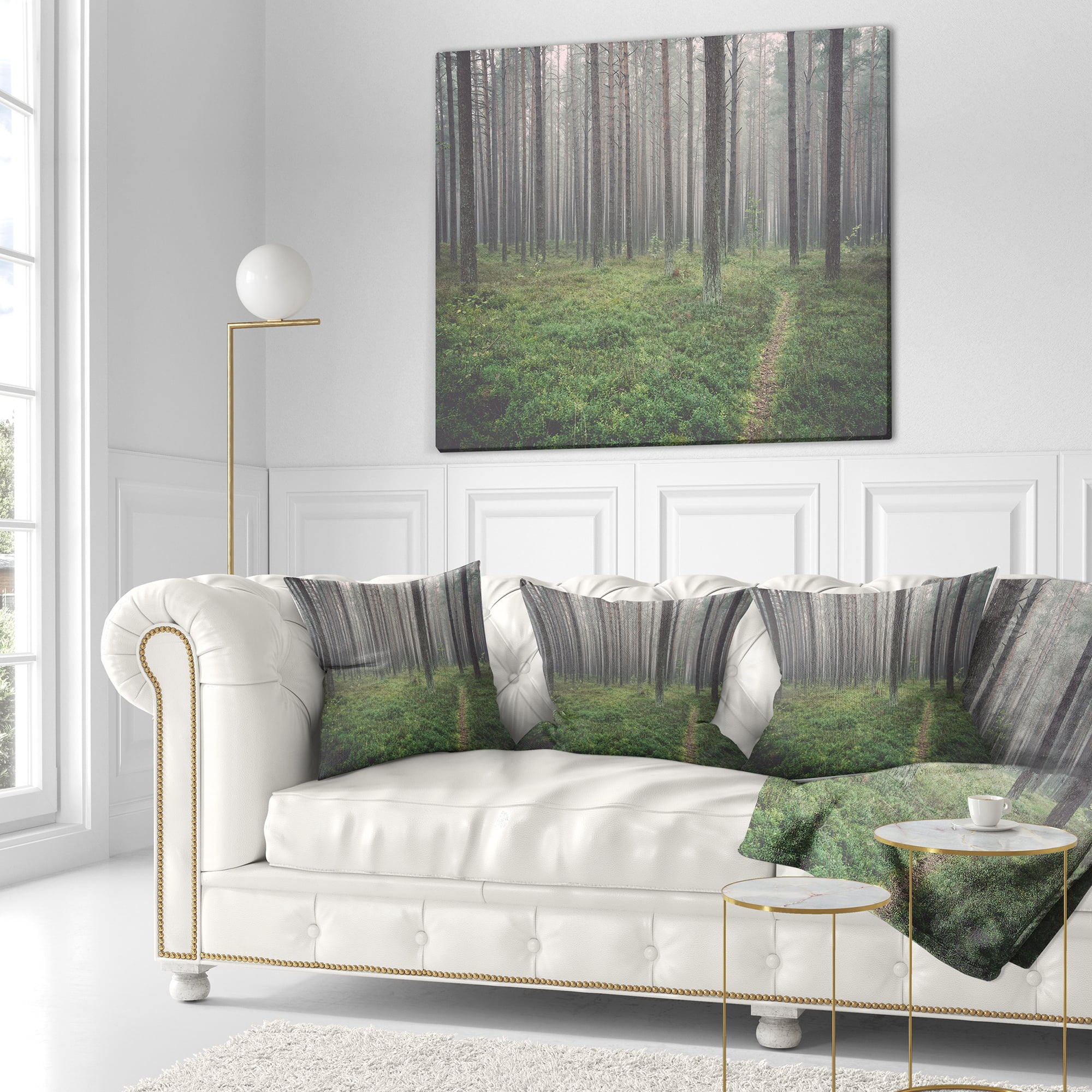 Designart Foggy Dense Forest with Grass - Modern Forest Throw Pillow - 18x18