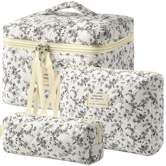 Quilted Makeup Bag, 3PCS Cotton Large Travel Makeup Bag, Cute Floral Coquette Make up Bag Cosmetic Bag Toiletry Bag for Women Girls