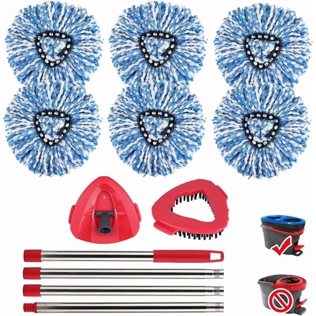 Tête de Vadrouille Rotative RinseClean de Rechange pour Système à 2 Réservoirs Vileda EasyWring - Tampons Triangulaires en Microfibre Rotatifs de Remplacement Lavables et Réutilisables s'Adaptent à Tous les Planchers - 6 Linges 1 Base de Vadrouille 1 Manche 2 Brosses