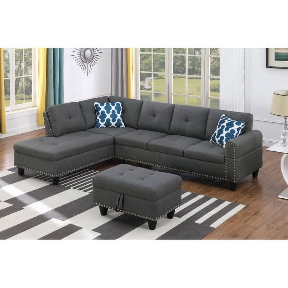 BSHTI Dark Gray Linen L-Shaped Sectional Sofa with Reversible Storage Chaise for Living Room, Storage Ottoman & Cup Holders, 3-Seat Contemporary Couch