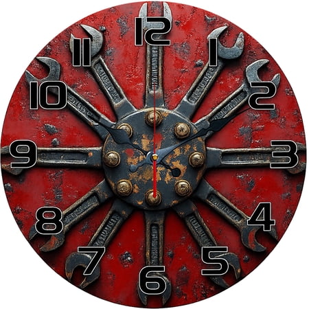 Hoease 10 Inch Silent Wall Clock, Industrial Wrench Red Rust Decorative Wall Clock, Battery Operated Non-Ticking Round Clock for Garage Workshop Home Decor