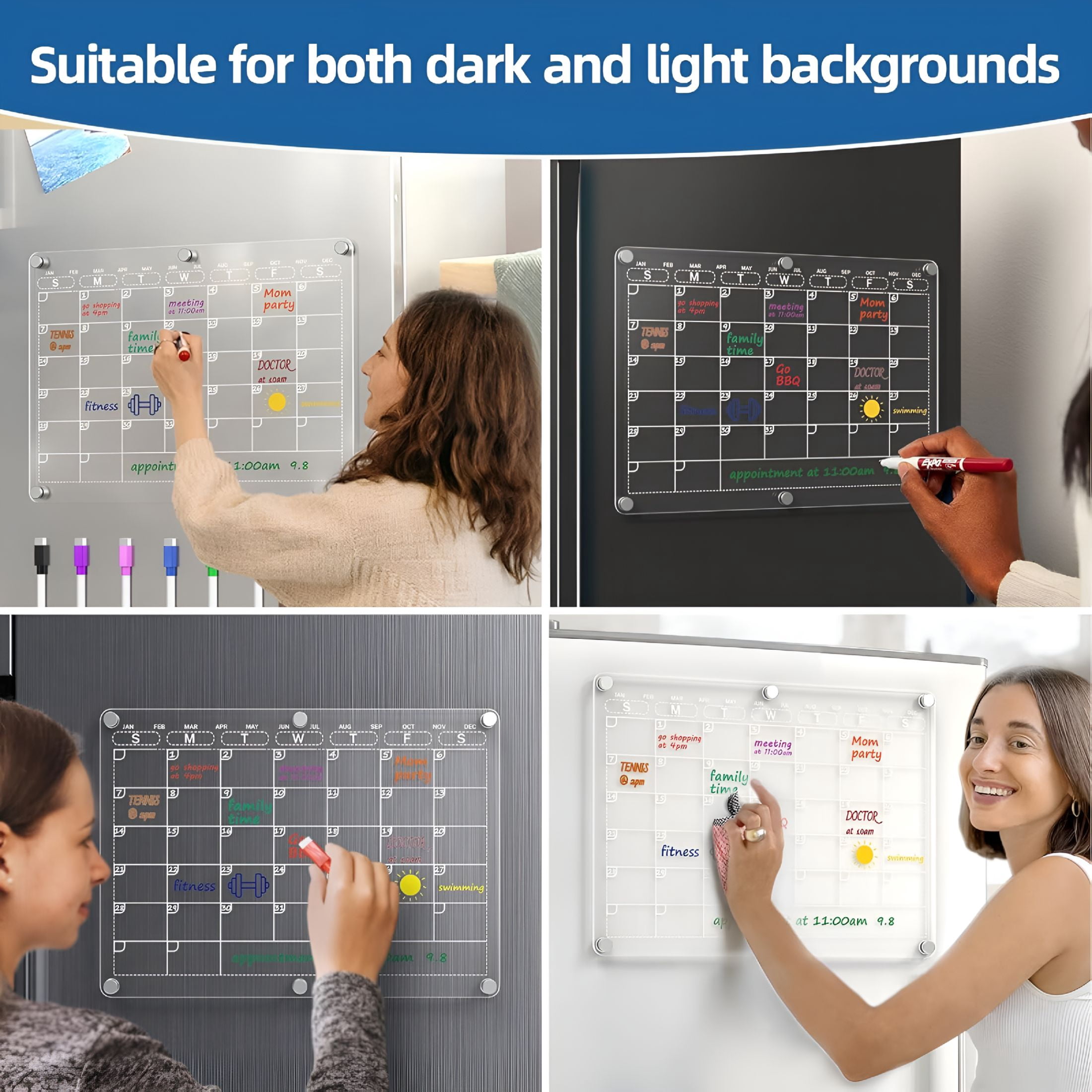 CCOCC 4 Pack Magnetic Calendar for Refrigerator,Clear Acrylic Calendar for Fridge with 8 Colorful Markers,Fridge Calendar Magnet Easy Erase for Home Kitchen,Office Organization