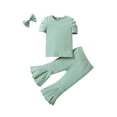 thumbnail image 1 of Franhais Toddler Long Pants Outfits, Solid Color Short Puff Sleeve T-Shirt + Elastic Flare Pants + Bow-Knot Hairpin Set, 1 of 9