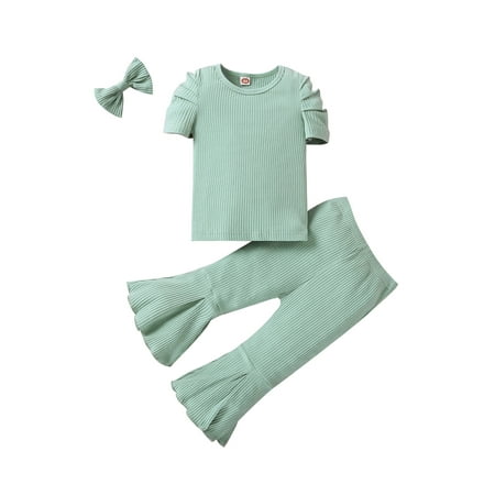 

Bagilaanoe 3Pcs Toddler Baby Girls Outfit Sets Ribbed Short Puff Sleeve T-Shirt Tops + Flare Pants + Hairpin