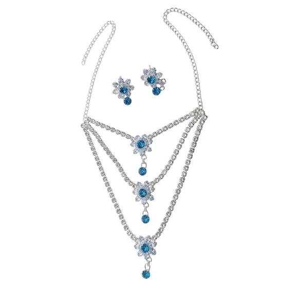 RK Art Jewelry - Women's Blue Crystal Layered Necklace Set with Earrings, Silver Tone Floral Statement Jewelry for Party & Wedding Wear