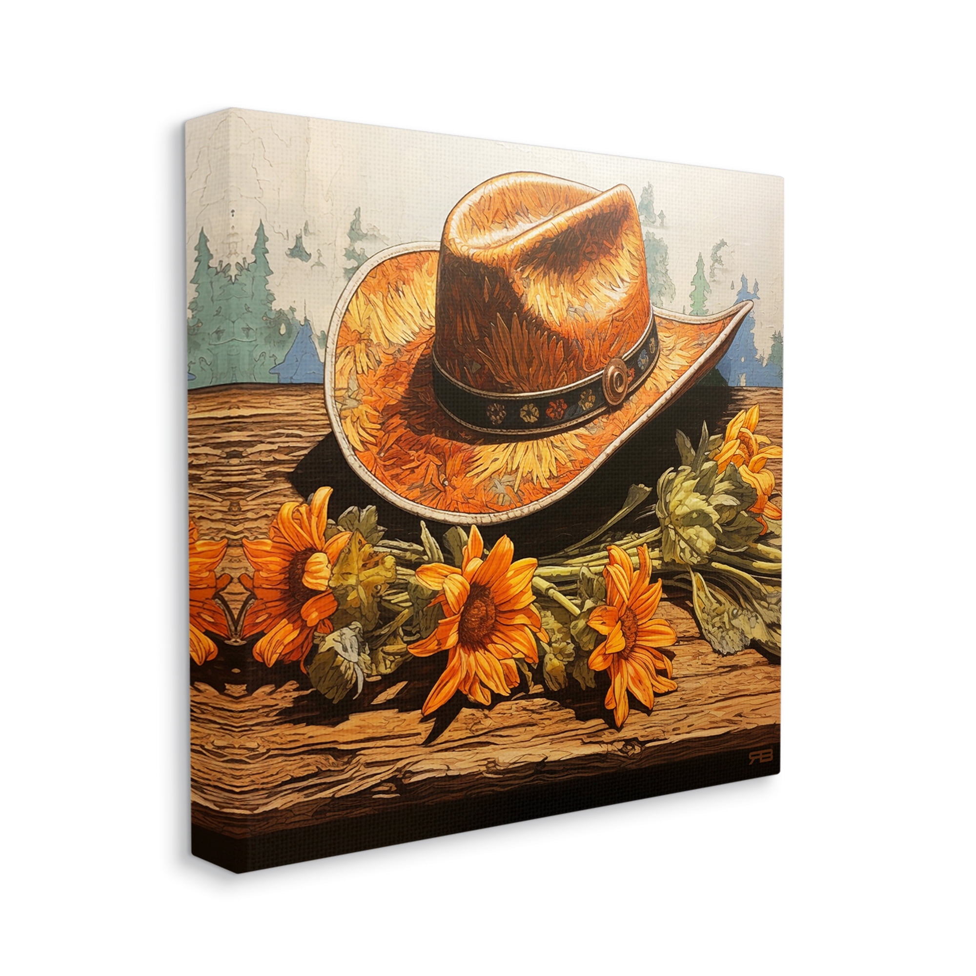 Stupell Industries Cowboy Hat with Sunflowers Botanical & Floral Painting Gallery Wrapped Canvas Art Print Wall Art, 17 x 17