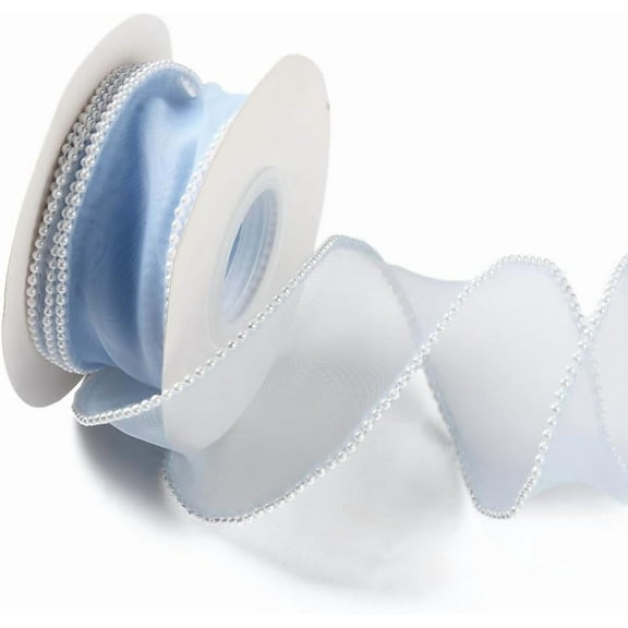 5 Yards 1 1/2 Inch Light Blue Pearl Edged Ribbon Smooth Organza Fishtail Ribbon Sheer Mesh Ribbons Bundle Rolls with Spool