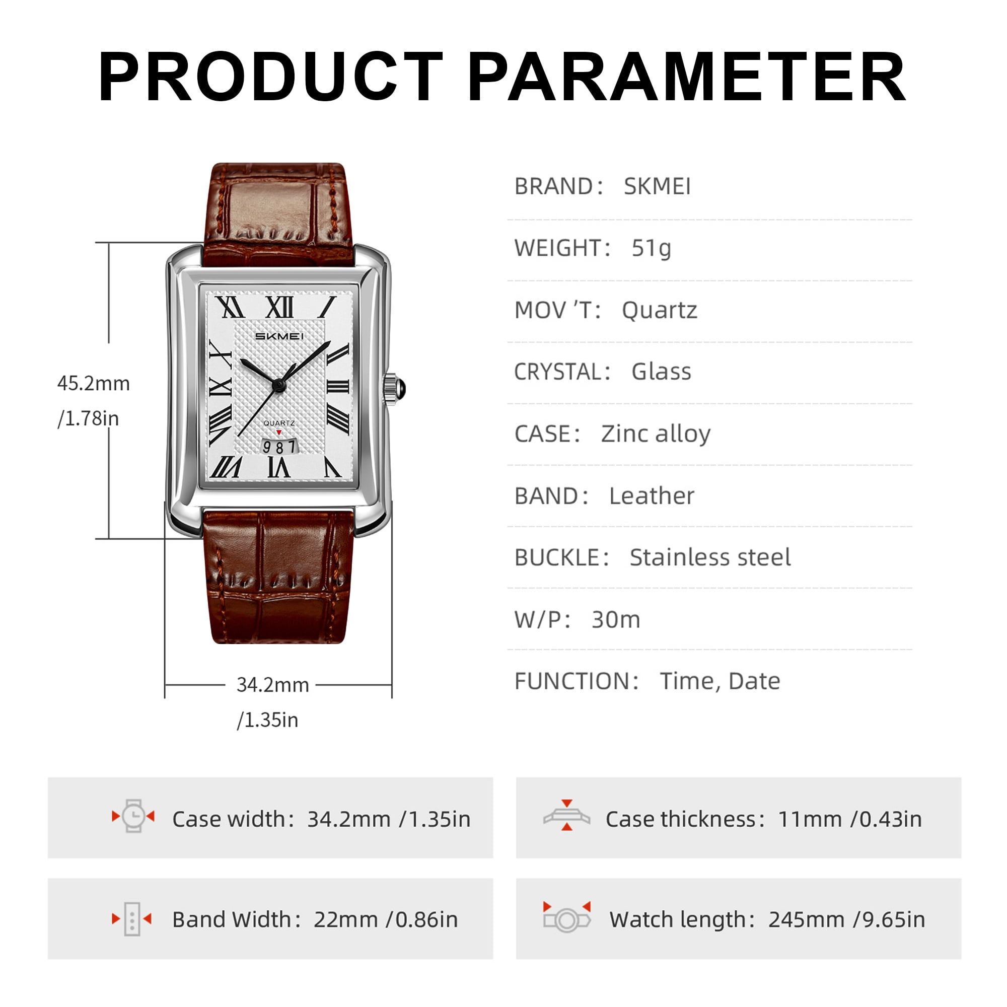 SKMEI Retro Classic Square Watches for Men Quartz Analog Waterproof Watch Leather Business Casual Mens Wrist Watch