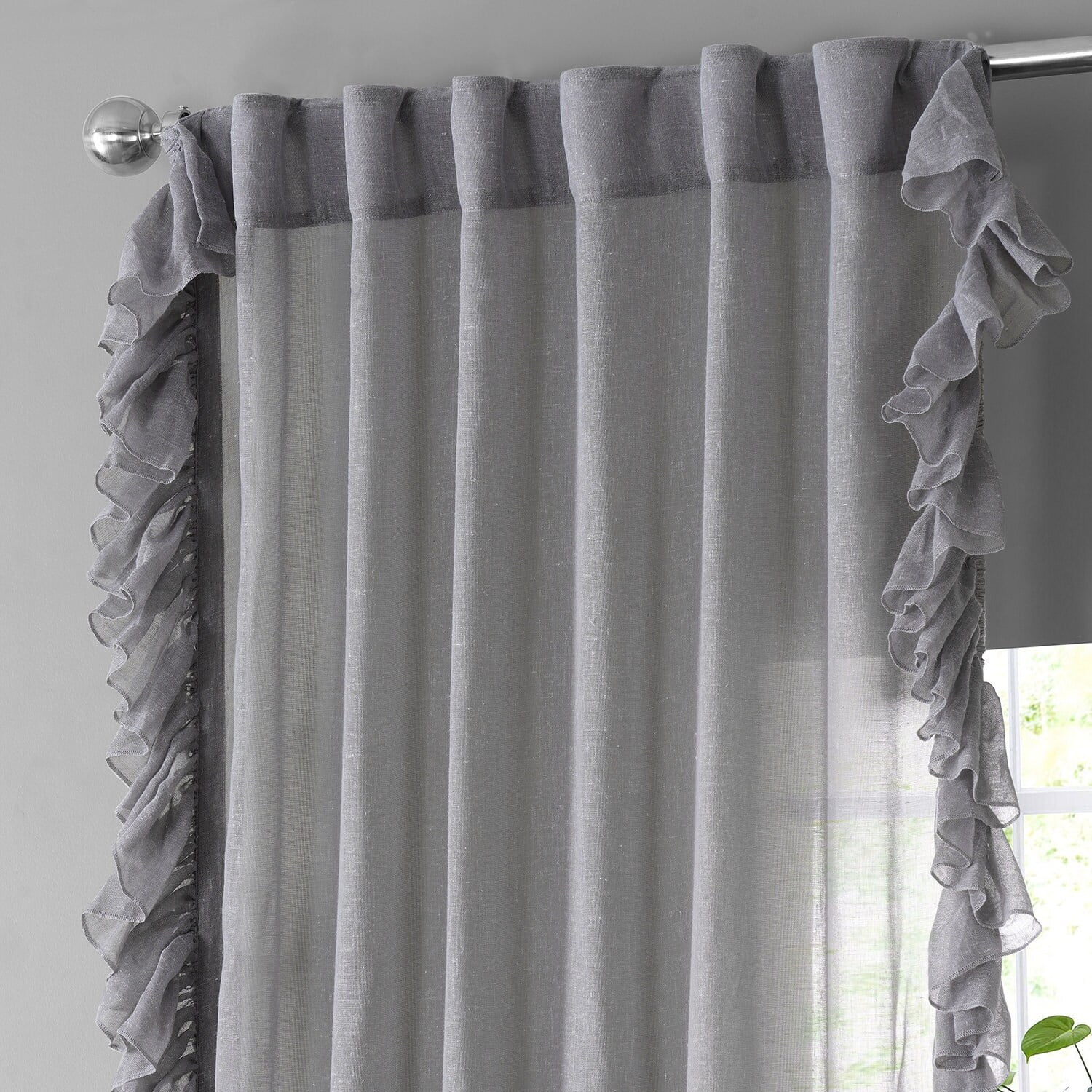 Nickel Faux Linen Ruffle Sheer Curtain (1 Panel), Nickel, 50W X 84L