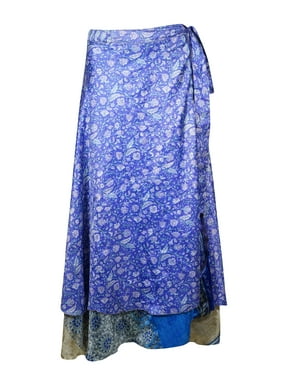 Mogul Women Blue Vintage Silk Sari Magic Wrap Skirt Reversible Printed 2 Layer Sarong Beach Wear Cover Up Long Skirts One Size