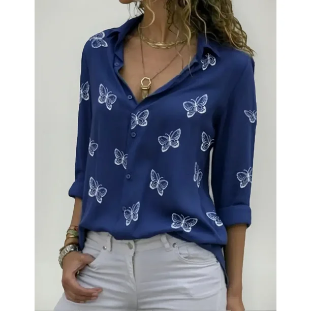 Blusa Moda Casual Holgada Elegante Manga Larga Para Mujer,Azul,XL
