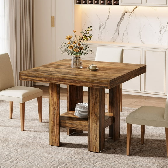 Tribesigns 31.5" Square Dining Table for 4, Small Wooden Kitchen Table with Storage Shelves for Dining Room, Living Room, Brown