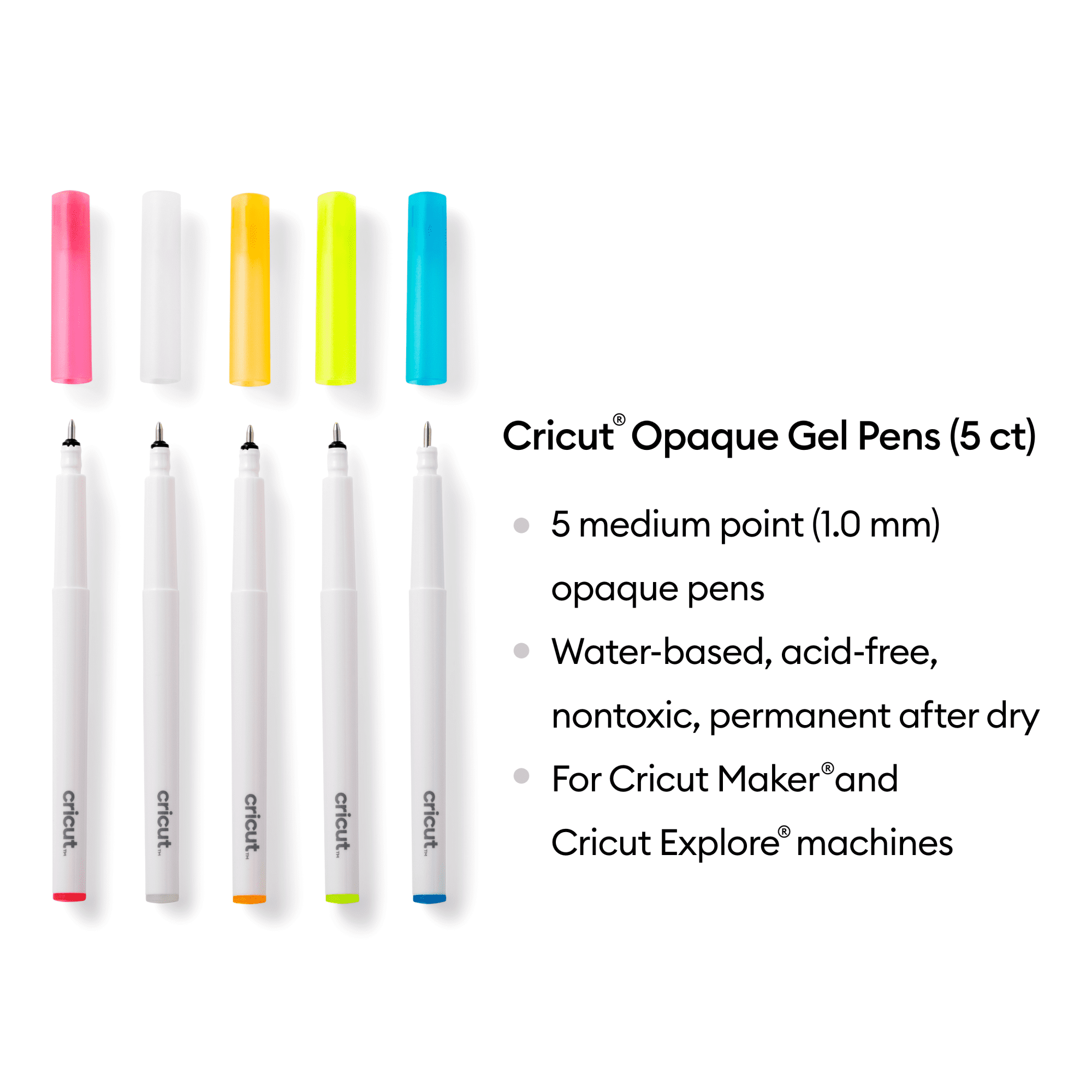 Cricut® Opaque Gel Pens 1.0 mm, Pink/White/Orange/Yellow/Blue (5 ct),  Medium Point 