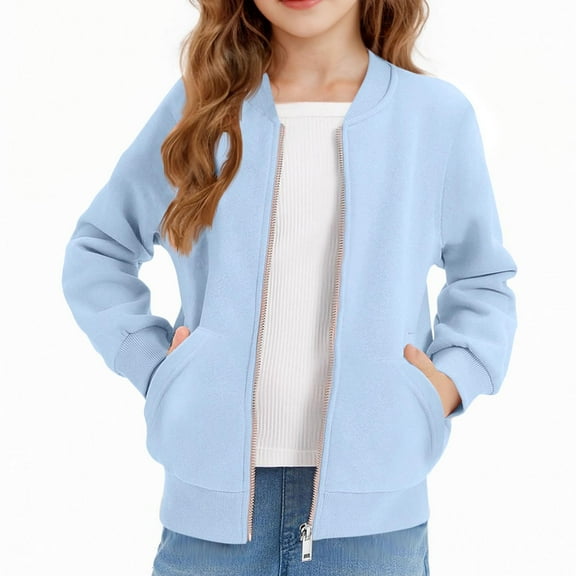 UQJfacai Girls Bomber Jacket Kids Fall Zip Up Athletic Jackets Long Sleeve Sweatshirts Casual Outerwear Coats with Pockets 5-15 Years
