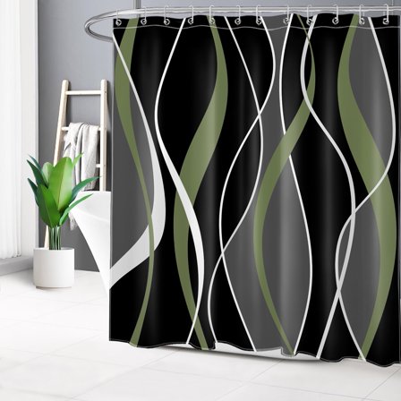 HVEST Modern Geometric Shower Curtain with Abstract Green Black and Gray Line Design - Retro Minimalist Bathroom Decor, Waterproof Polyester Fabric, Includes 12 Hooks, 72x78 Inches