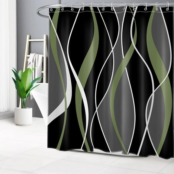 HVEST Modern Geometric Shower Curtain with Abstract Green Black and Gray Line Design - Retro Minimalist Bathroom Decor, Waterproof Polyester Fabric, Includes 12 Hooks, 72x78 Inches