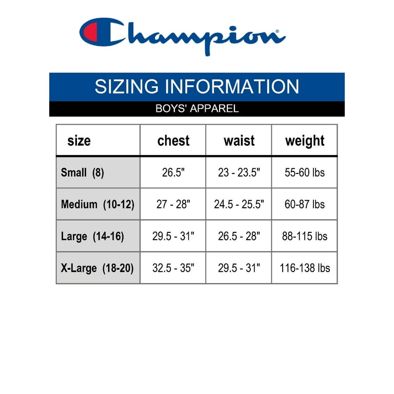 Champion youth t shirt size chart on sale
