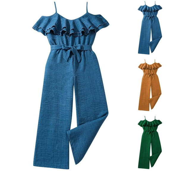 ATOGUTA Girls' Jumpsuits & Rompers Size 8-13 Years Ruffle Off Shoulder Jumpsuit Wide Leg Romper One Piece Party Summer Outfits Blue