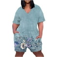thumbnail image 2 of DDAPJ pyju Plus Size Rompers for Women Summer Casual Short Sleeve V Neck Jumpsuits Novelty Printed Baggy Overall Shorts with Pockets 2025 Trendy Clothes 90% off Clearance Sale Blue Green XXL, 2 of 5