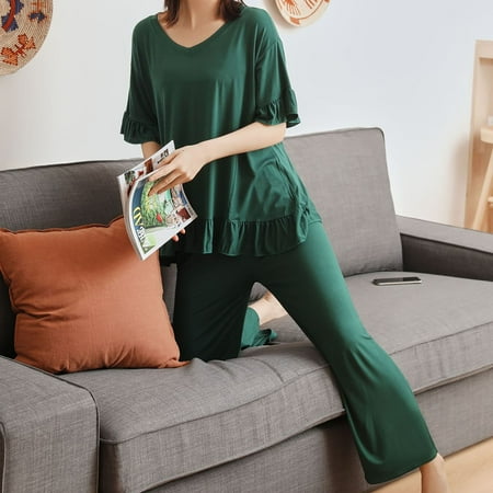 HCURIBAD Sleep Shirts for Women  Clearance! Women s Pajamas Two Piece Set Layered Pleated Short Sleeve Top Long Pants  Halloween Pajamas Women  Pjs Sets for Women  Sets for Women Green L