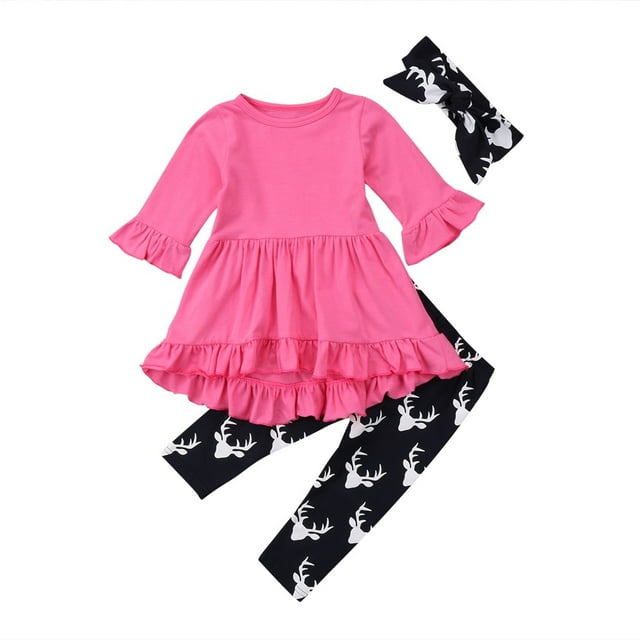 Toddler Baby Girls Solid Ruffles Long Sleeve Top Print Pants Headband Outfits 1-7Y