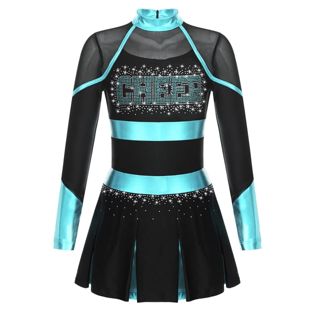 Kaerm Tenue d'Uniforme de Cheerleading pour Filles Enfants, Robe Plissée à Manches Longues avec Strass, Cosplay, Robe Fantaisie, Noir&Bleu Vert 6