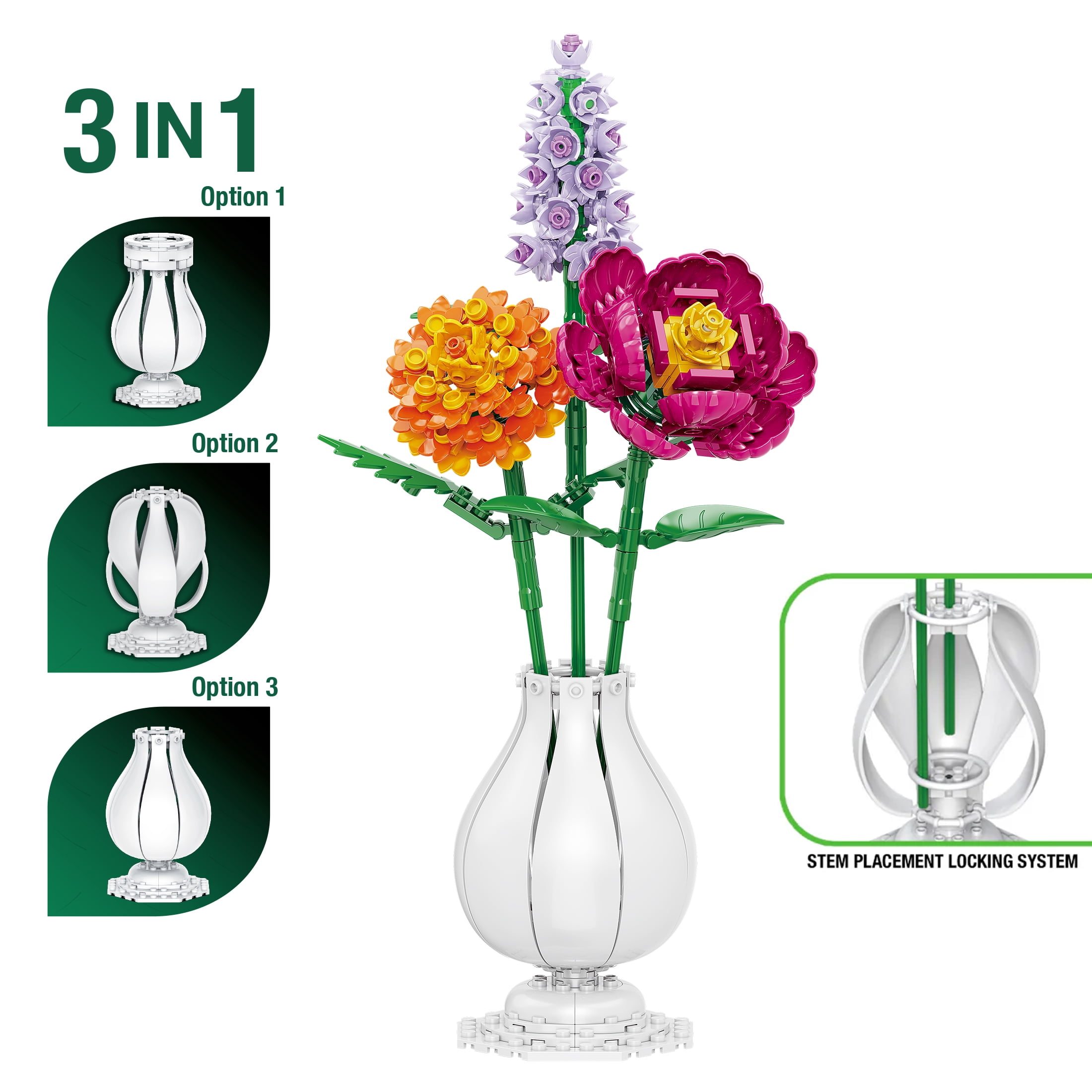 Brickcraft Bricktanicals Vase 3 In 1 Building Kit (70-Piece Set), Nostalgic Floral Décor Display