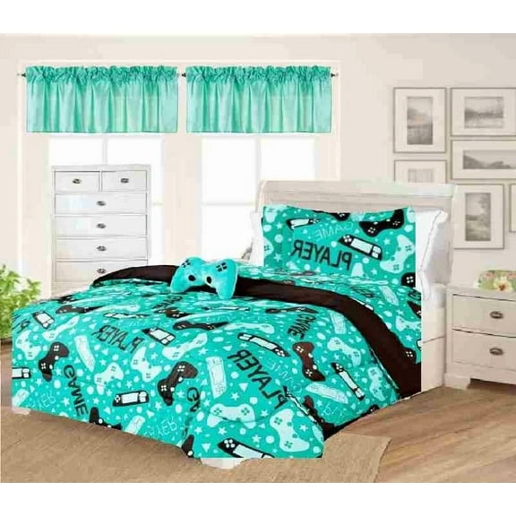 Twin Size 6-Piece Bedding Set Soft Game Teal Print with Toy Pillow & Colorful Sheets