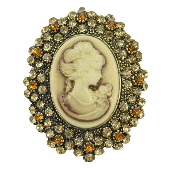 Brown Victorian Lady Cameo Brooch Pin with Crystal Rhinestone Charm Women Fashion Jewelry