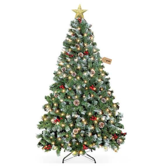GVDV Christmas Tree 6ft Pre-Lit Snow Flocked Artificial Christmas Tree with Pinecones & Berries