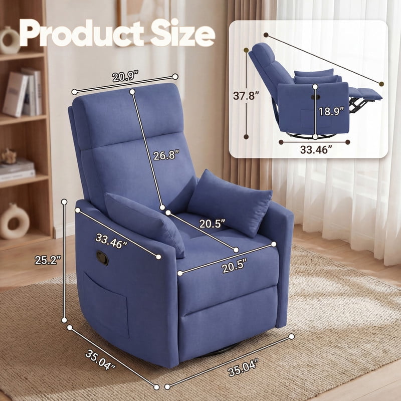 Lacoo 360° Swivel Recliner Chair Oversized Adult Nursery Glider Rocking Recliner Upholstered Electric Recliner Chair with 2 Pillows for Living Room,Linen Blue