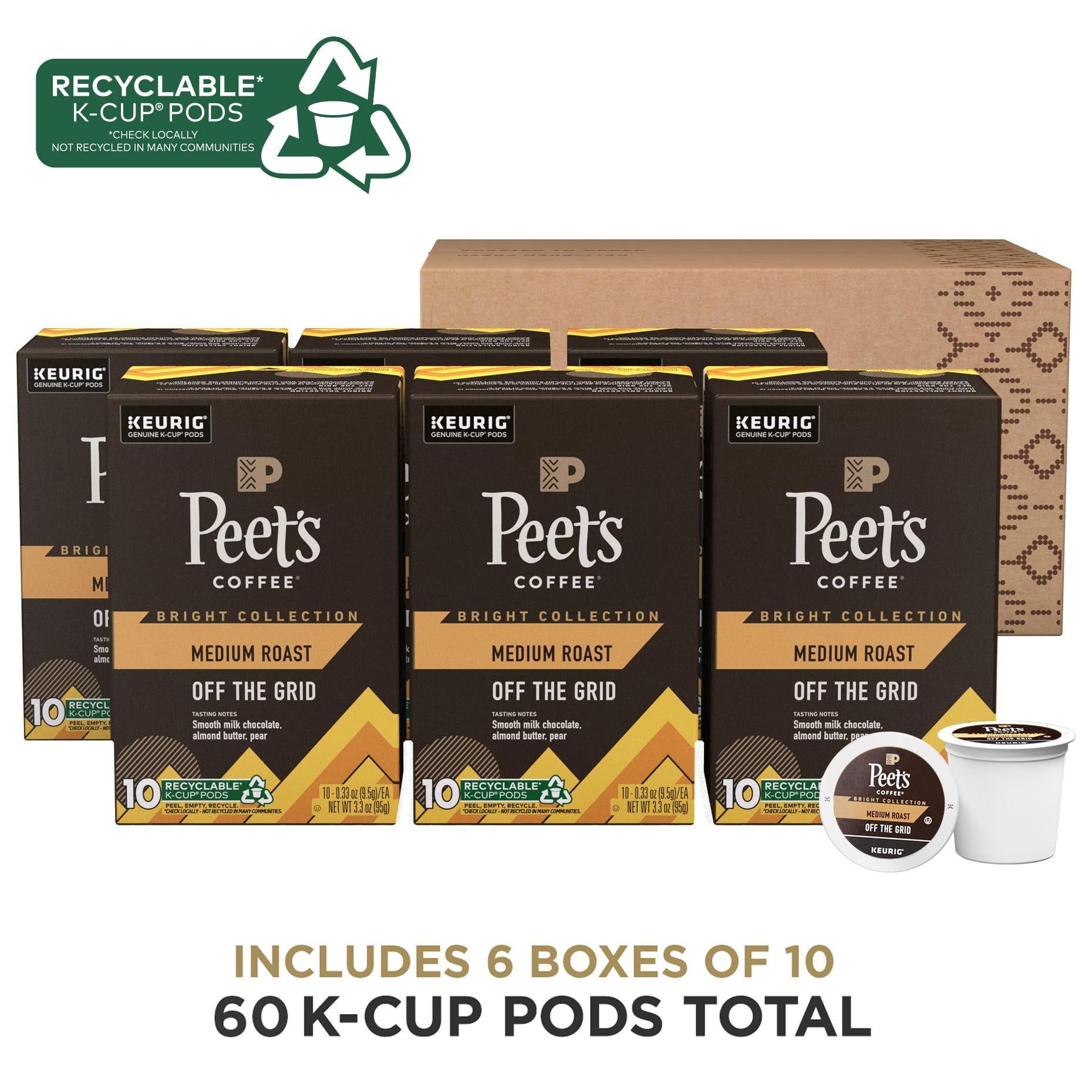 Peet's Coffee, Medium Roast K-Cup Coffee Pods for Keurig Coffee Machines - Off The Grid, 60 Count 6 Boxes of 10 K-Cup Pods