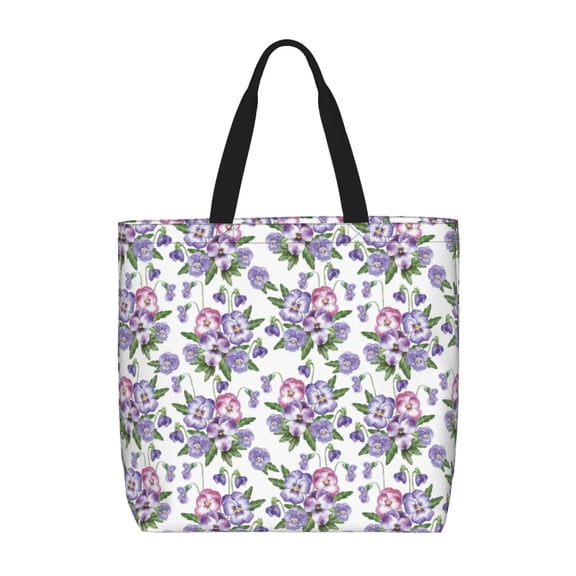 Honeii Violets Flowers Print Tote Bag, Reusable Grocery Shopping Bag,Shoulder Bag with Inner Pocket