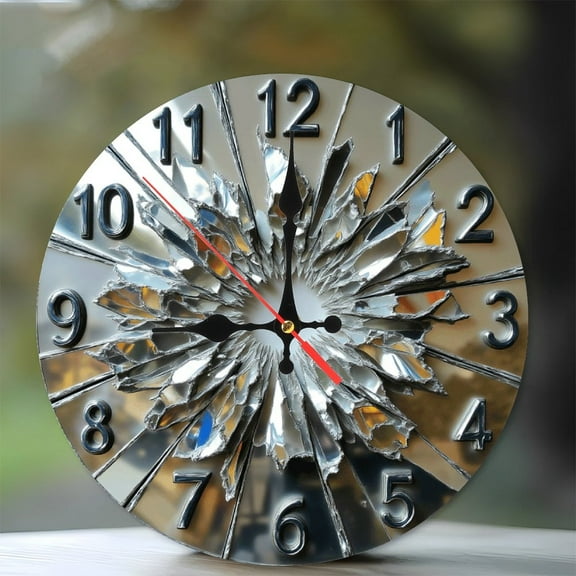 Mirrored Broken Clock Wall Art Decor with 2D Design 10-Inch Silent Wooden Wall Clock, Battery Operated (AA Batteries Not Included), Artistic Home Decor