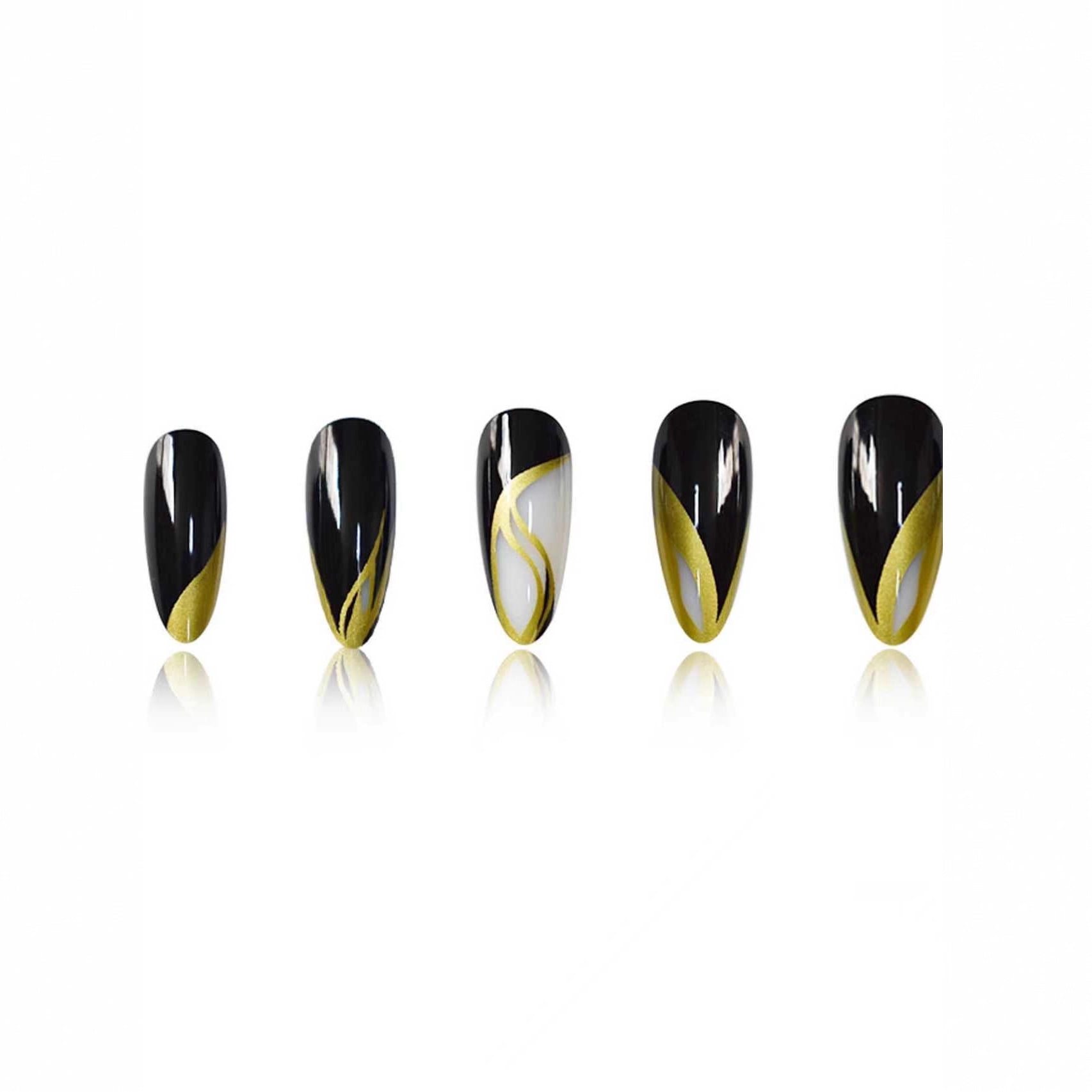 Cross-border hot sale almond fake nails pure desire black gold color scheme classic versatile wearing armor detachable finished product wholesale