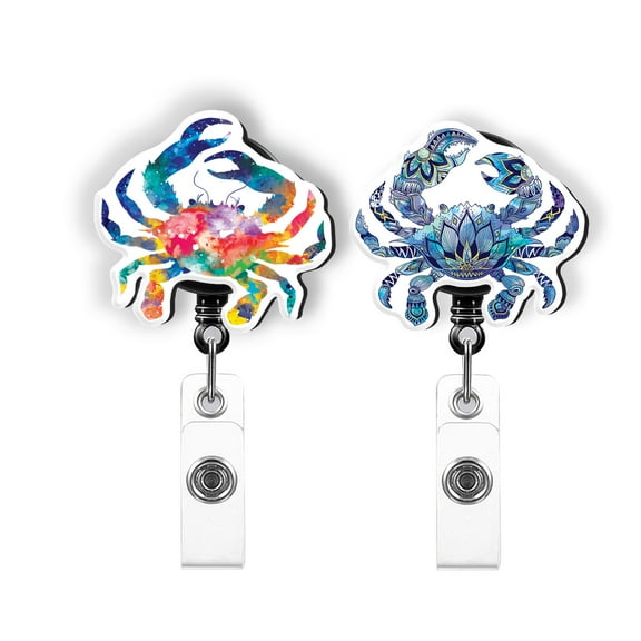 WIRESTER Set 2pcs Design Acrylic Key Card Holder Belt Clip Reel Id Badge Retractable - Colorful Mandala Crabs