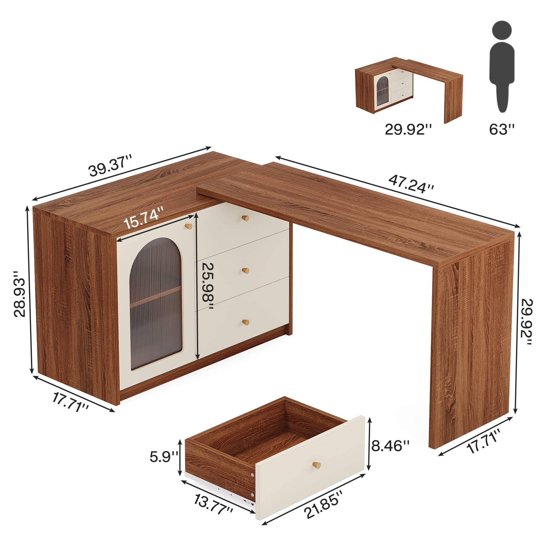 Tribesigns L Shaped Computer Desk with Drawers, Modern Corner Home Office Desk with Reversible Storage Cabinet, Rustic Brown & White, 1 Count