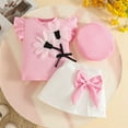 thumbnail image 2 of FINALGANG Girls Toddler Three Piece Outfit Kids Floral Patch Ruffled Sleeve Top Bow Pleated Skirts Matching Solid Color Hat For Daily Outdoor Wear Holiday Set, 2 of 4