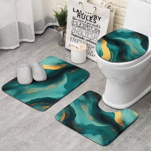 Teal and Gold Marble Flow Lines Pattern Bathroom Rugs Sets 3 Piece,Toilet Cover Set,Absorbent Non Slip Bathroom Mats Sets with U-Shaped Contour Rug Toilet Rug Set