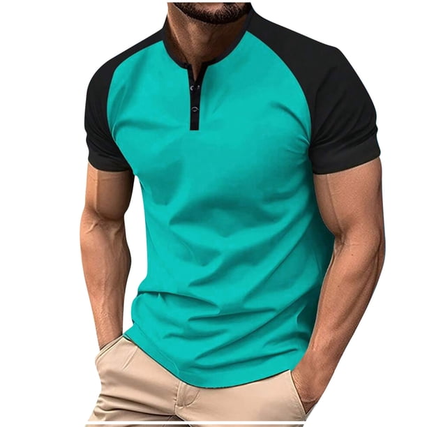 Camisetas de Cuello en V de los Hombres Verano Casual Color Bloqueado Botón Cuello en V Camiseta Deportiva de Manga Corta, 75% Poliéster 20% Rayón 5% Spandex