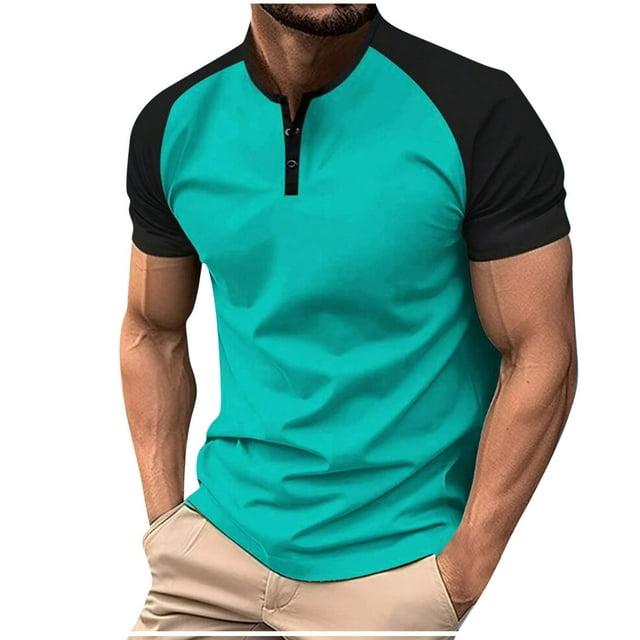Kaemgyyd Men's Casual Henley Shirts Stylish Color Block Short Sleeve Summer Tops Lightweight Button Crew Neck Pullover Basic Tees