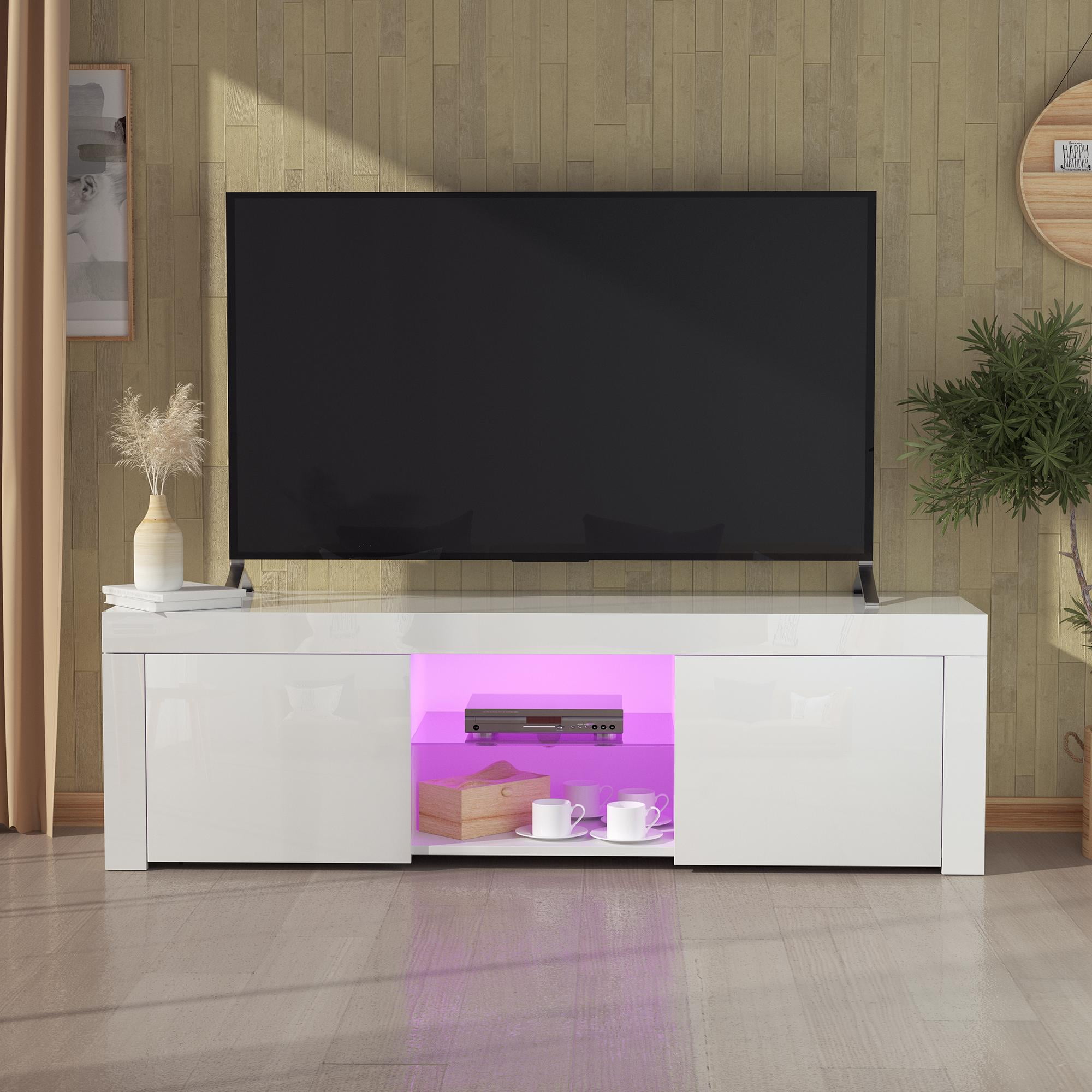 Modern TV Unit Stand Cabinet High Gloss Doors and Matt Body RGB LED Light Option 